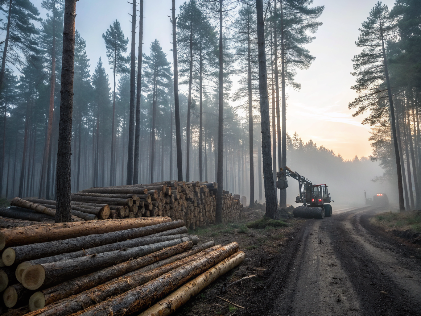 Logs in a lumber yard outside, no round logs